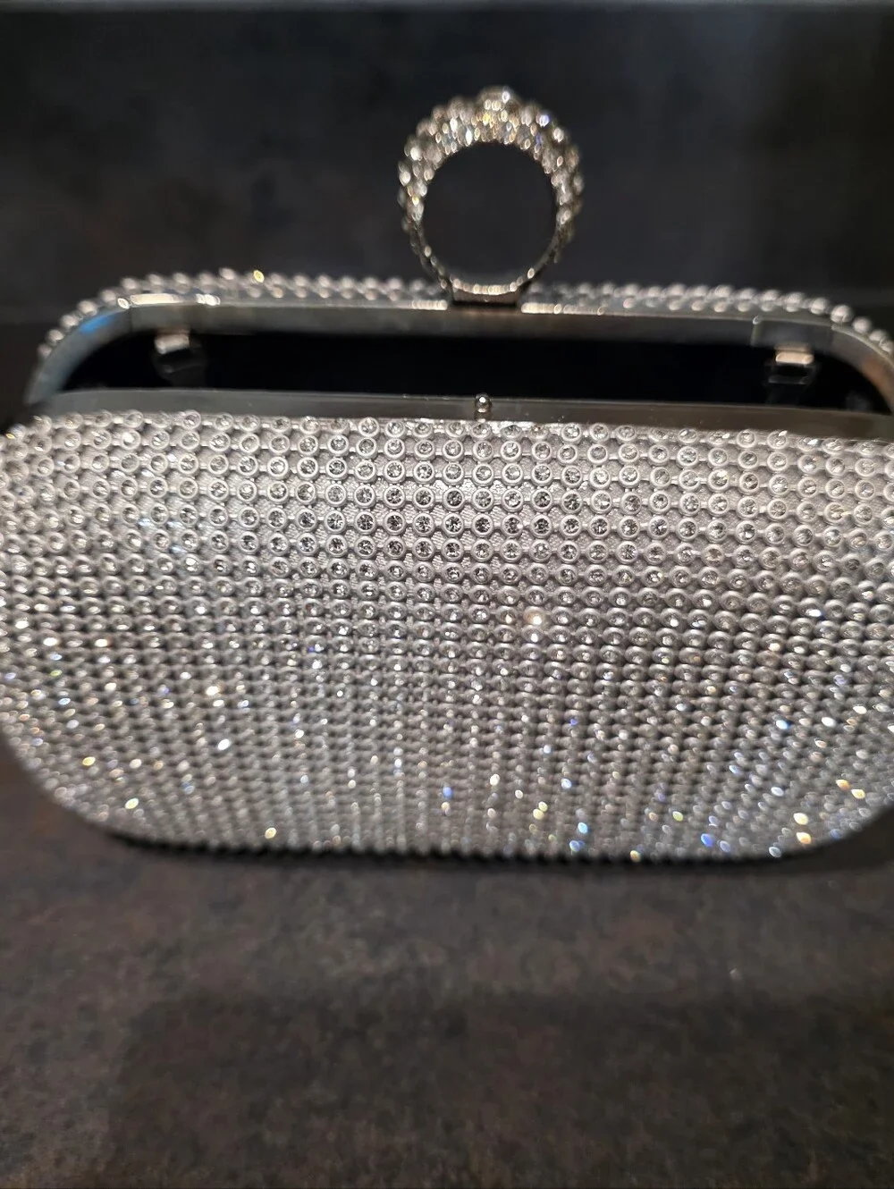 Silver Crystal Evening Clutch Bag with Ring Handle